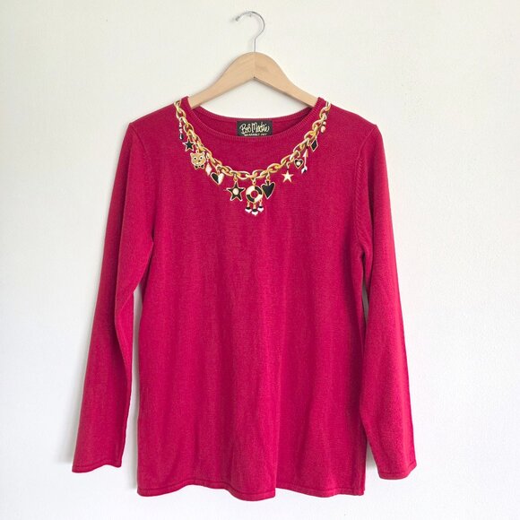 Bob Mackie Wearable Art Red and Gold Sweater with Embroidered Neckline Cats - Picture 1 of 7